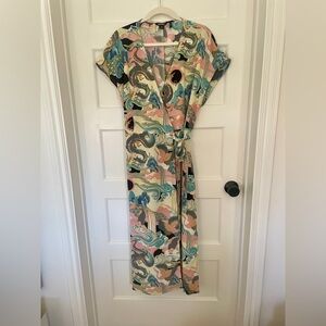 Monki Pastel Wrap Midi Dress with Dragon Motif XL